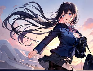 Keywords : masterpiece, best quality, 1 girl, sad, running forward hard, open mouth, blazer, school uniform, school uniform, school bag, pantyhose, japan, evening, school route, from side, school route, cowboy shot, high definition, rushing, dramatic light, beautiful scenery, looking away,masterpiece