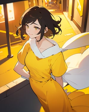 Masterpiece, top quality, high definition, artistic composition, cartoon, 1 woman, bad wife, yellow clothes, night town, downtown, blurred background, smiling, looking up, looking away, dramatic