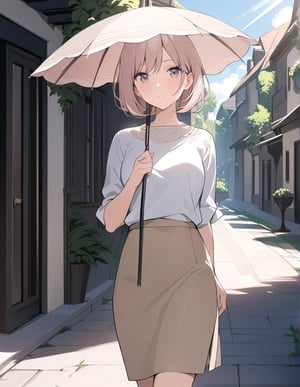 (masterpiece, top quality), high definition, artistic composition, 1 woman, light pink shirt, beige skirt, holding a small parasol, classy, elegant, mature, calm, walking, residential area, strong sunlight, portrait