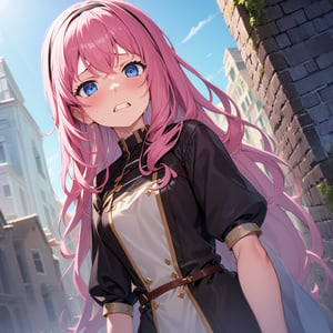 (masterpiece, top quality), high definition, artistic composition, 1 girl, pink wavy hair, hair band, armor, blue eyes, disgusted face, gritted teeth, sweating, close-up of face, from below, fantasy, brick building, looking down