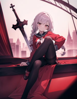 Masterpiece, Top Quality, High Definition, Artistic Composition,1 girl, red sailor suit, sitting cross-legged, from front, battle dress, braids, devilish smile, thumbs up, evening darkness, city lights, black pantyhose, stylish sword, high contrast