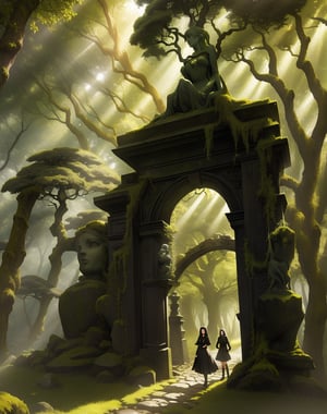 (masterpiece, top quality), high definition, artistic composition, 1 girl, walking, through a small stone gate, lots of strange human-shaped stone statues, mossy, surreal, sunlight through trees, dark forest, surprised, 