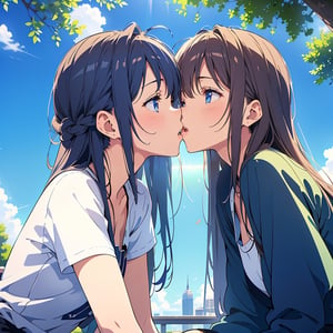 Masterpiece, best quality, high definition, artistic composition, two girls, friend, kiss on cheek, surprised, from side, park, blue sky, from below, grateful