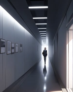 (masterpiece, top quality), high definition, artistic composition, 1 woman, business suit, back view, walking, clean Japanese underground walkway, white tile, perspective, silence, guide light, information board, advertising sign, bright, flat wall