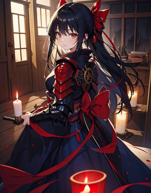 Masterpiece, Top Quality, High Definition, Artistic Composition, One girl, gentle smile, black hair, big red ribbon, red and blue-green kimono-like battle dress, android-like armor, inside wooden building, dark, candlelight