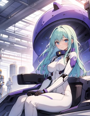 Masterpiece, Top Quality, High Definition, Artistic Composition, One Girl, White Pilot Suit, Body Suit, Android Style, Glowing Purple, Science Fiction, Sitting, Smiling, Hands between legs, Looking Away, Talking, Sweating, Blue Green Hair, Inside Factory, Warehouse, People Working, Wide Shot people working, part of giant mecha in background, wide shot, Japanese anime style