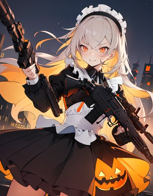 (masterpiece, top quality), high definition, artistic composition, 1 girl, maid cosplay, Halloween, night, city, smirking, heavy weapon, aiming with gun, firing, action pose, looking away, dynamic, powerful, In combat, Dutch angle, High contrast, Suspense