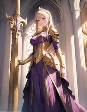 (masterpiece, top quality), high definition, artistic composition, 1 woman, blond, standing, purple armor, golden ornaments, aristocrat, from below, beautiful sword, white marble construction, high ceiling, impressive light, aristocrat, imposing, fantasy