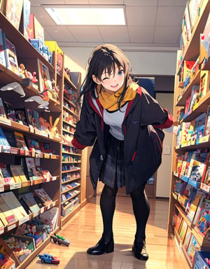  Masterpiece, top quality, high definition, artistic composition, 1 woman, smiling, smiling with mouth open, toy store, leaning forward, peeking, shelves lined with toys, hands forward, childish adult, happy, Japan, wide angle, side view, looking away