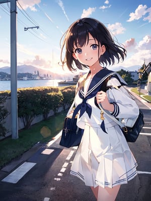 Masterpiece, Top Quality,1 female, white sailor suit, white skirt, school uniform, school uniform, demure, smiling, holding student bag in front of body with both hands, walking, school route, morning, beautiful scenery, impressive light, dramatic, Japanese, elegant, high definition, portrait