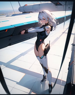 (masterpiece, top quality), high definition, artistic composition, 1 woman, leotard-like fighting outfit, android-like parts, sci-fi, fighting pose, standing on side of huge structure, An aerial view