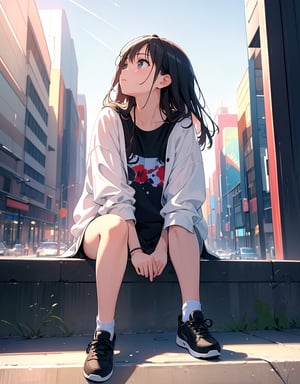 (masterpiece, top quality), high definition, artistic composition, one girl, thinking, sitting on the ground holding her legs, casual fashion, urban, wide shot, looking up to the heavens, blurred, looking away, portrait, great view