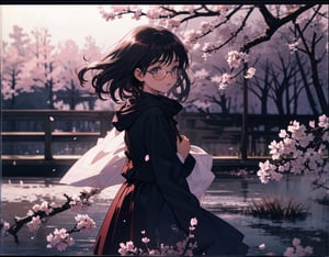 Masterpiece, Top Quality, High Definition, Artistic Composition, One Woman, Petite Girl, Large Dark Rimmed Glasses, Subdued Dark Hair, Embarrassed, Looking Away, Hands Folded in Front of Body, Cute Gesture, Blush, Side View, Subdued Clothing, Cherry Trees, Full Bloom, Petals Dancing, Warm Light, Dramatic, POW, Date, Crowded, Blurred Background, Taleye, Open Mouth Smile, Anime,<lora:659111690174031528:1.0>
