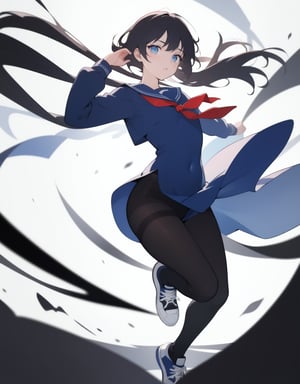 (Masterpiece, Top Quality), High Definition, Artistic Composition, 1 girl, spinning, jumping, action pose, twisting, brave, hair dancing in wind, sailor uniform, school uniform, big catsuit, lively, dark background, blurred background, black pantyhose, blue sneakers