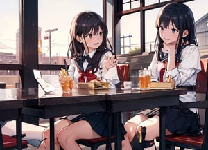 Masterpiece, top quality, high definition, artistic composition, 2 girls, sitting in a family restaurant, talking, looking away, one angry, one laughing, portrait, students, Japan, one looking at phone, school uniform