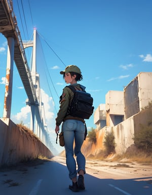 (masterpiece, top quality), high definition, artistic composition, 1 woman, Florida, straight freeway, walking, shimmer, hot, blue sky, perspective, backpacker, khaki cap, wasteland