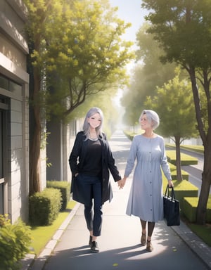 Masterpiece, Top Quality, High Definition, Artistic Composition, 2 women, 60 year old woman, silver hair, 18 year old woman, smiling, walking side by side, tree-lined street, looking happy, sunlight through trees, portrait
,girl