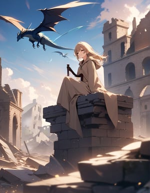 Masterpiece, Top Quality, High Definition, Artistic Composition,1 girl, wizard, beige robe, playing harp with eyes closed, ruins, brick building, sitting on broken building, fantasy, smiling, striking, dramatic, dragon flying in sky, bold composition