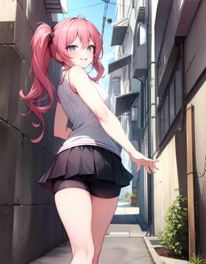 (Masterpiece, Top Quality), High Definition, Artistic Composition, 1 girl, twin-tail hair, childish, casual fashion, Skirt flipped up by hand, She is wearing shorts under her skirt, squinting and smiling, from front, from bottom, girlish gesture, school street, back alley, Showing shorts

