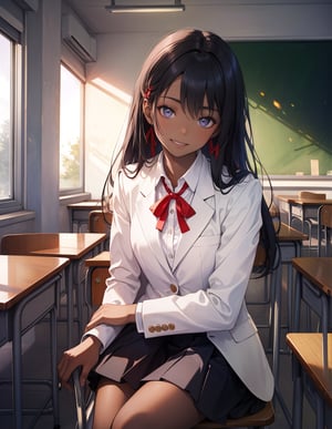 (masterpiece, top quality), high definition, artistic composition, 1 girl, classroom, seated, elbows on desk, smiling, black hair, long hair - dark eyes, dark skin, portrait, white blazer, school uniform, red ribbon, from front, exotic, head tilted