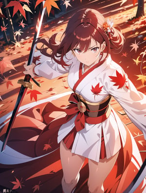 Masterpiece, Top Quality, High Definition, Artistic Composition,1 Woman, Serious Face, Sharp Eyes, Action Pose, White and Red Kimono Style Battle Dress, Standing with Legs Spread, Japanese Sword at the Ready, Simple Background, Impressive Light, Hair Bound with Red Ribbon, Good Looking, Autumn Leaves Pattern