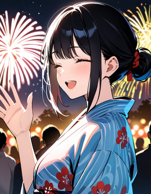 (masterpiece, top quality), high definition, artistic composition, 1 woman, black with red flowers yukata, hair tied up, black hair, right hand straight up, waving, eyes closed, laughing, left hand over mouth, loud voice, crowd behind, beautiful large fireworks in background There is, night, summer, dramatic, from the front,