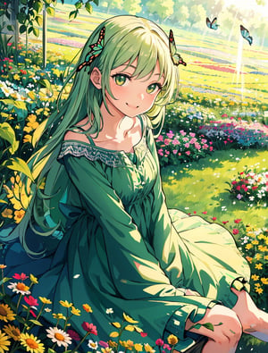 Masterpiece, best quality, 1 girl, smiling with mouth open, hugging own legs, sitting on ground, looking up at sky, reaching up, green dress, flower garden, flowers blooming, butterfly flying, high definition, striking light, composition from below, portrait, wide shot, backlight,masterpiece
