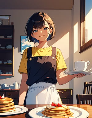 (masterpiece, top quality), high definition, artistic composition, 1 woman, holding out plate with pancakes on it with right hand, close-up of pancakes, smug face, short hair, boyish, tanned skin, dining room, cute apron, t-shirt, portrait, bold composition, from below, homey