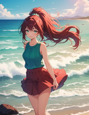 (Masterpiece, Top Quality), High Definition, Artistic Composition, 1 girl, high ponytail, green knit, sleeveless, dark red flared skirt, posing, smiling, along the beach, big hair band, blowing in the wind