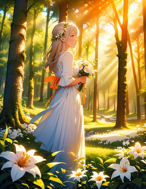 Masterpiece, Top Quality, High Definition, Artistic Composition, One girl, holding a bouquet of white flowers, from the side, dirty white dress, orange ribbon, looking away, mossy warrior statue, in the forest, light shining, striking light, dramatic