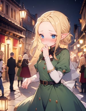 (masterpiece, top quality), high definition, artistic composition, 1 girl, elf, tight viridian dress, unadorned, blonde hair, hair tied back, forehead showing, hair touching, medieval town at night, lantern light, blurred background, looking away, blushing, embarrassed