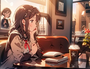 Masterpiece, Top Quality, High Definition, Artistic Composition, 1 girl, crying, reading, coffee shop, window seat, coffee cup, handkerchief, light shining through, late afternoon, side view