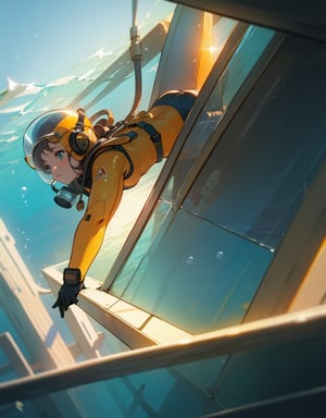 (masterpiece, top quality), high definition, artistic composition, 1 girl, retro diving suit, large glass helmet, underwater, exploring, beautiful seascape, striking light