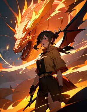 Masterpiece, top quality, high definition, artistic composition, 1 woman, wizard, standing, holding magic wand, shouting, cowboy shot, powerful composition, magic circle, huge fire dragon behind, summoning, fire sparks, backlit, fantasy, dramatic,