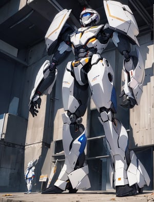 Masterpiece, Top quality, Large humanoid robot, High definition, Standing on the ground, Japanese animation, Small figure at feet, Human-like face, Composition from below, Action pose