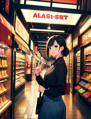 (masterpiece, top quality), high definition, artistic composition, 1 girl, Japanese shopping street, arcade, side view, smiling, standing in front of store, pointing, dramatic, jersey, portrait, shopping, looking away