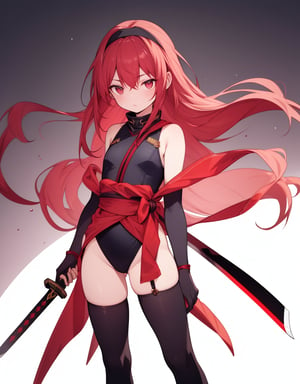 (masterpiece, top quality), high definition, artistic composition, 1 woman, leotard-style ninja costume, stylish standing pose, simple dark background, long extended shadow, red hair band and sash, small sword, stockings