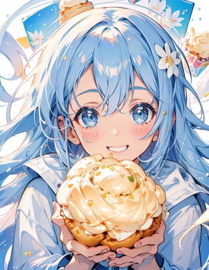 Masterpiece, Top quality, High definition, Artistic composition, One girl, eating cream puffs, cream around mouth, smiling, close-up of face, light blue clothing,chibi