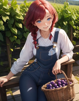 ((masterpiece, top quality), high definition, artistic composition, 1 woman, vineyard, stooping, overalls, apron, woven basket, red hair, braids, blue eyes, smiling, striking light, freckles, dramatic, grape cluster