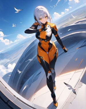 (masterpiece, top quality), high definition, artistic composition, 1 woman, leotard-like fighting outfit, android-like parts, sci-fi, fighting pose, standing on side of huge structure, bird's eye view,