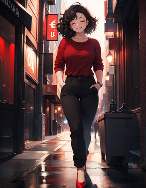 (masterpiece, top quality), high definition, artistic composition, 1 woman, hands in pockets, eyes closed, smiling, looking away, downtown at night, blurred background, red shirt, black easy pants, walking lightly, striking light, dramatic, bold composition, outer curls