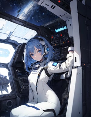  Masterpiece, Top Quality, High Definition, Artistic Composition, 1 girl, smiling, tight white space suit, outer space, sitting in narrow cockpit of spacecraft, front view, crammed with machinery, futuristic, organic headset, science fiction, blue hair, blue eyes, communicating, looking up