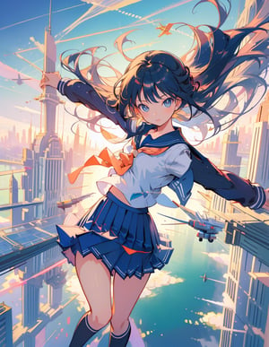 (masterpiece, top quality), high definition, artistic composition, 1 girl, sailor uniform, school uniform, flying, floating in air, city, from above, body twisting, flying pose, perspective, building city, surreal, fantasy