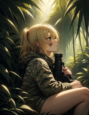 (masterpiece, top quality), high definition, artistic composition, 1 girl, camouflage, blonde hair, bunched back, dirty face, tired, staring at ground, holding machine gun, sitting down, dark jungle, dark green, dramatic, guerilla, looking away