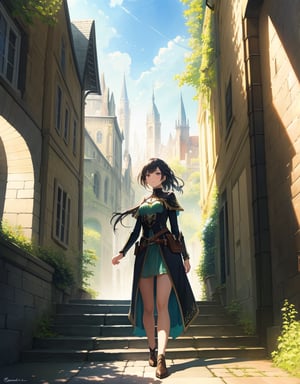 (Masterpiece, Top Quality), High Definition, Artistic Composition, 1 girl, Fantasy Costume, City Girl, Walking, Cobblestone Steps, Fantasy City, Green, Bright Sunlight, Portrait, Watercolor Style, Low Contrast