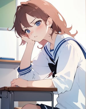 (masterpiece, top quality), high definition, artistic composition, 1 female, angry, staring at me, stupid hair, cute, young, sailor outfit, classroom, seated, hand tapping desk, blushing, from side, silly