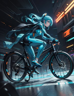 Masterpiece, Top Quality, High Definition, Artistic Composition, 1 girl, riding a bicycle, pedaling, orange and cyan futuristic battle suit, body suit, android, blue accent color, motion blur, dynamic, moving, bold composition, battlefield