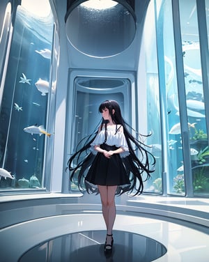 (masterpiece, top quality), high definition, artistic composition, 1 girl, looking away, white dress, black hair, dark indoor, aquarium, fantastic, dramatic, ennui