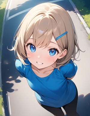 (Masterpiece, Top Quality), High Definition, Artistic Composition, 1 girl, hands folded behind her back, bending forward, looking up, composition from above, smiling with eyes narrowed and mouth open, twisting body, looking at me, focus on face, blue shirt, big hairpin, little girl, road, portrait, Dutch Angle