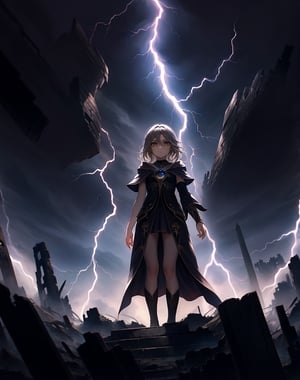 (masterpiece, top quality), high definition, artistic composition, 1 woman, wizard's robe, standing tall, (right arm held out in front, reaching), expressionless, golden eyes, looking down, dark background, large lightning, wide sky, ruins, fantasy, striking light